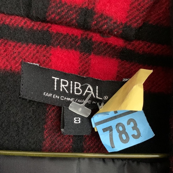 Red/black plaid tribal coat. Size 8. - Picture 3 of 5